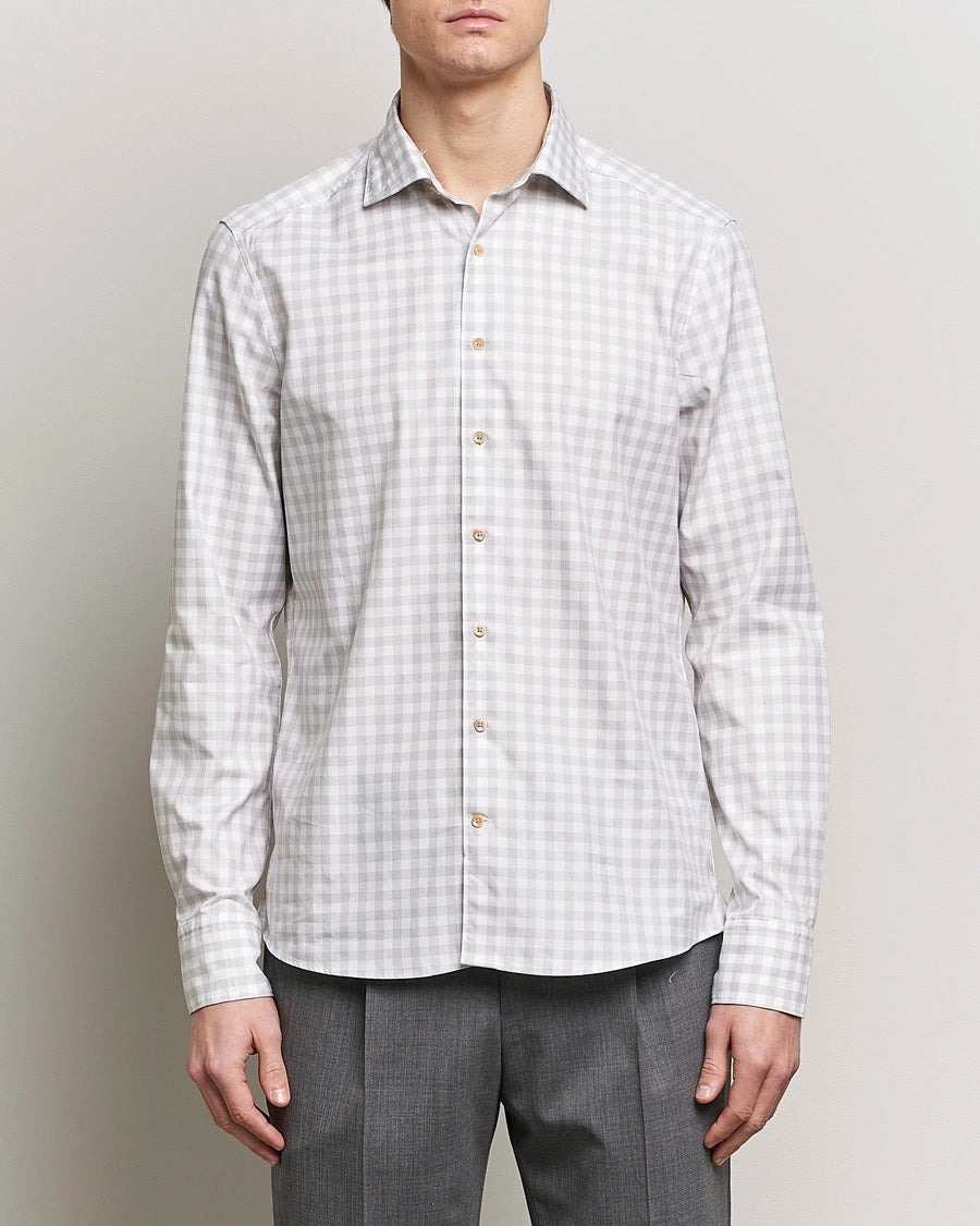 Grey/Beige Gingham Garment Wash Slimline Casual Shirt - Stenströms