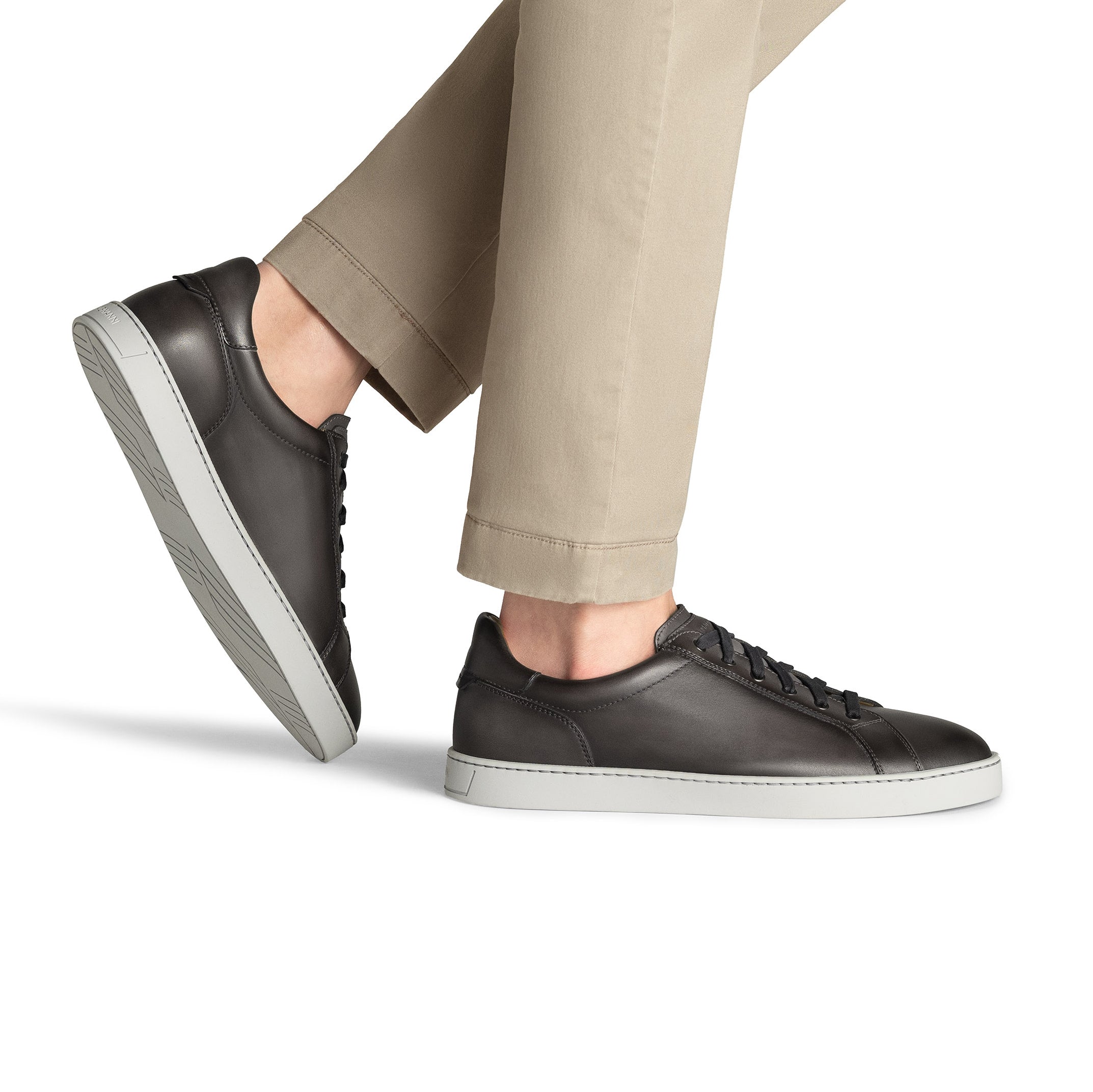 Gray Cote Lo Leather Stretch-Lace Slip On Sneakers - Magnanni