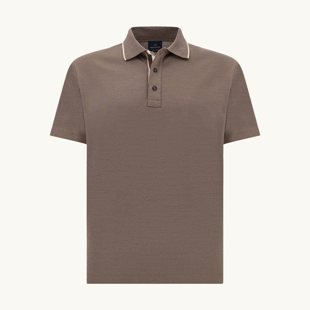 Brown Aqua Touch Knitted Cotton Polo Shirt w/ Striped Details - Paul & Shark - Boutique Jacques International