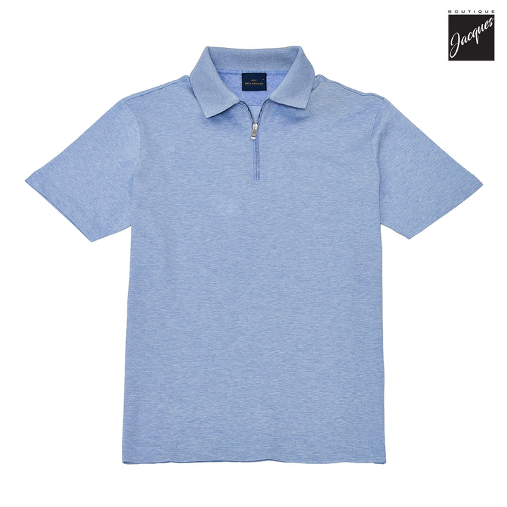 Light Blue Double-Mercerized Cotton Zip Polo with Linen Trims - Paul & Shark - Boutique Jacques International