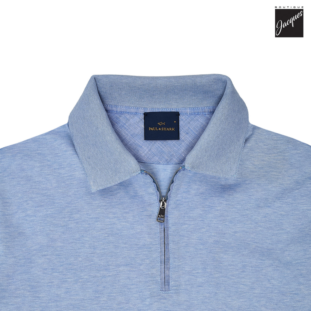 Light Blue Double-Mercerized Cotton Zip Polo with Linen Trims - Paul & Shark - Boutique Jacques International