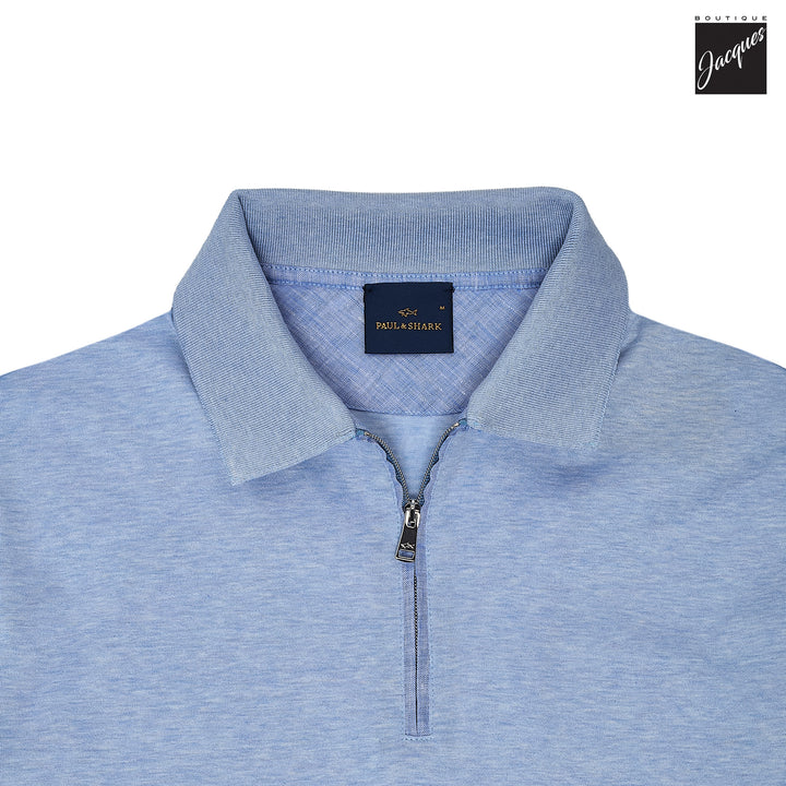 Light Blue Double-Mercerized Cotton Zip Polo with Linen Trims - Paul & Shark - Boutique Jacques International