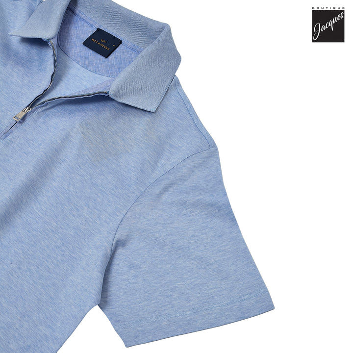 Light Blue Double-Mercerized Cotton Zip Polo with Linen Trims - Paul & Shark - Boutique Jacques International