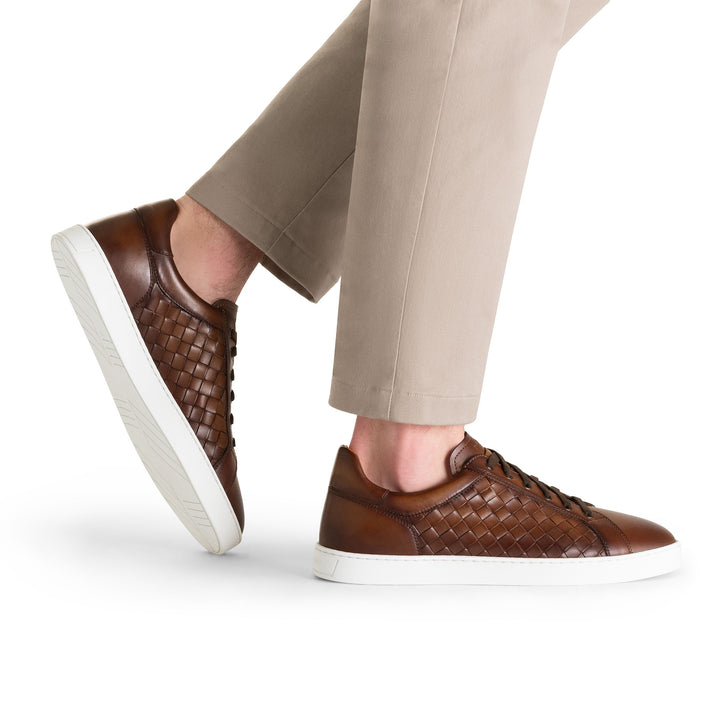 Tobacco Cote Lo Woven Leather Stretch-Lace Sneakers - Magnanni - Boutique Jacques International