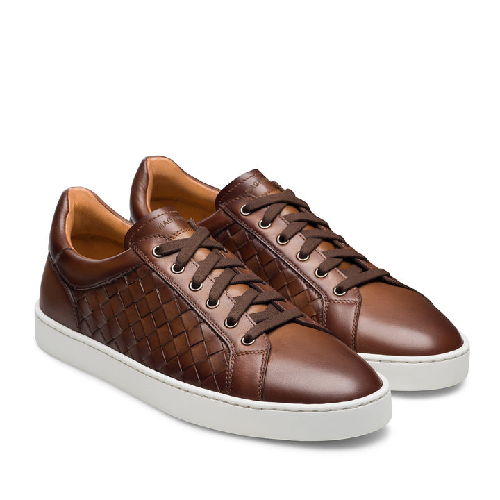 Tobacco Cote Lo Woven Leather Stretch-Lace Sneakers - Magnanni - Boutique Jacques International