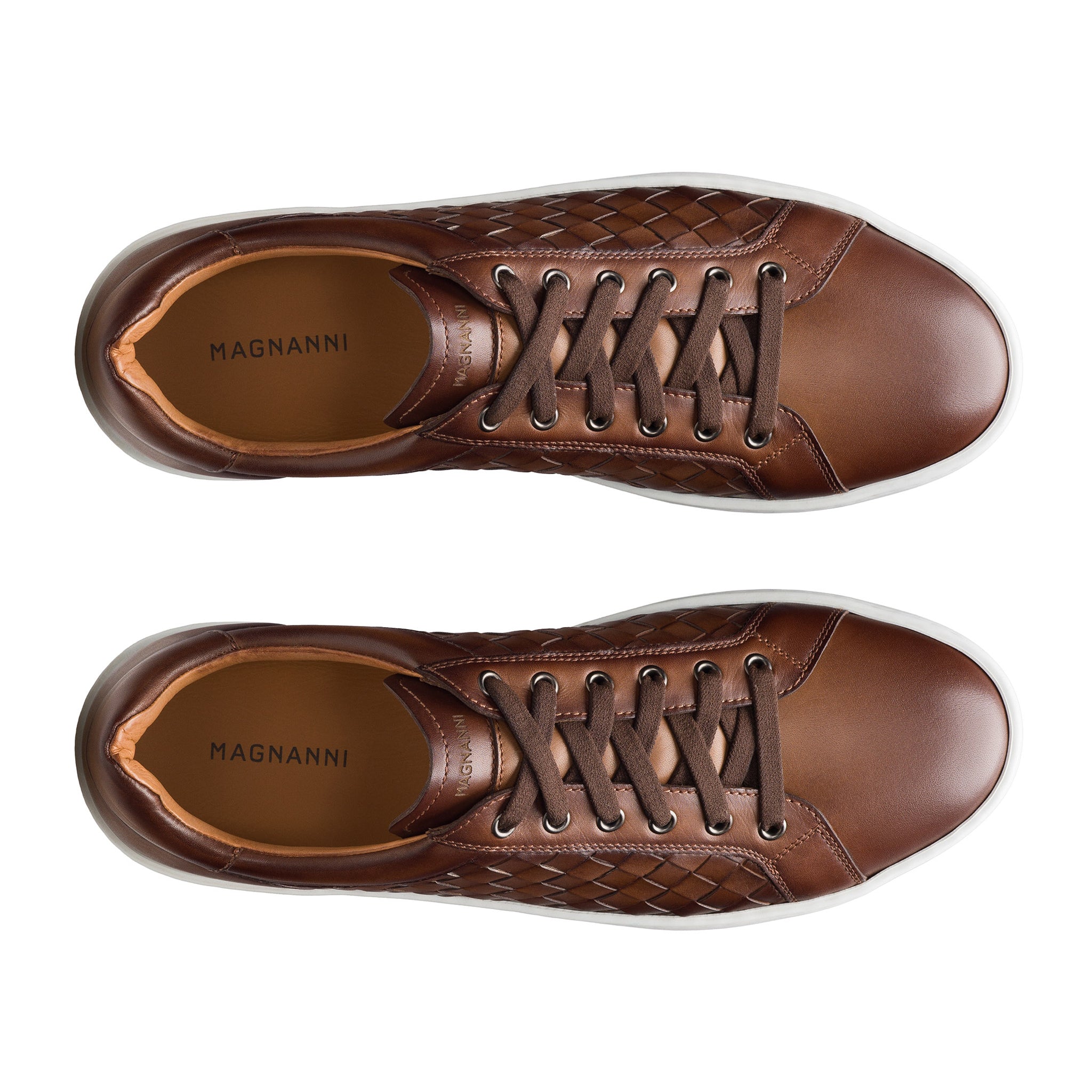 Tobacco Cote Lo Woven Leather Stretch-Lace Sneakers - Magnanni - Boutique Jacques International