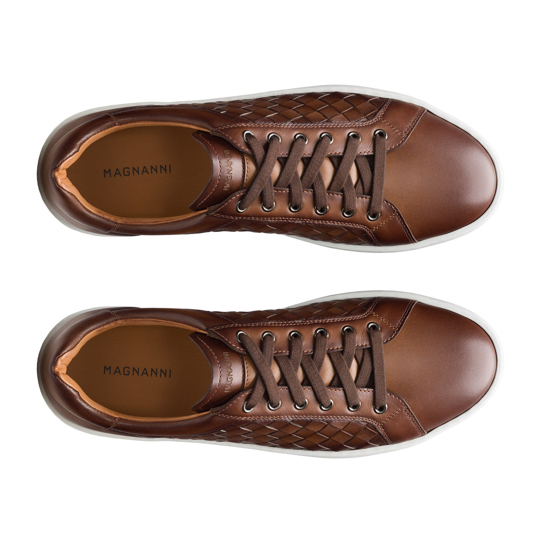Tobacco Cote Lo Woven Leather Stretch-Lace Sneakers - Magnanni - Boutique Jacques International