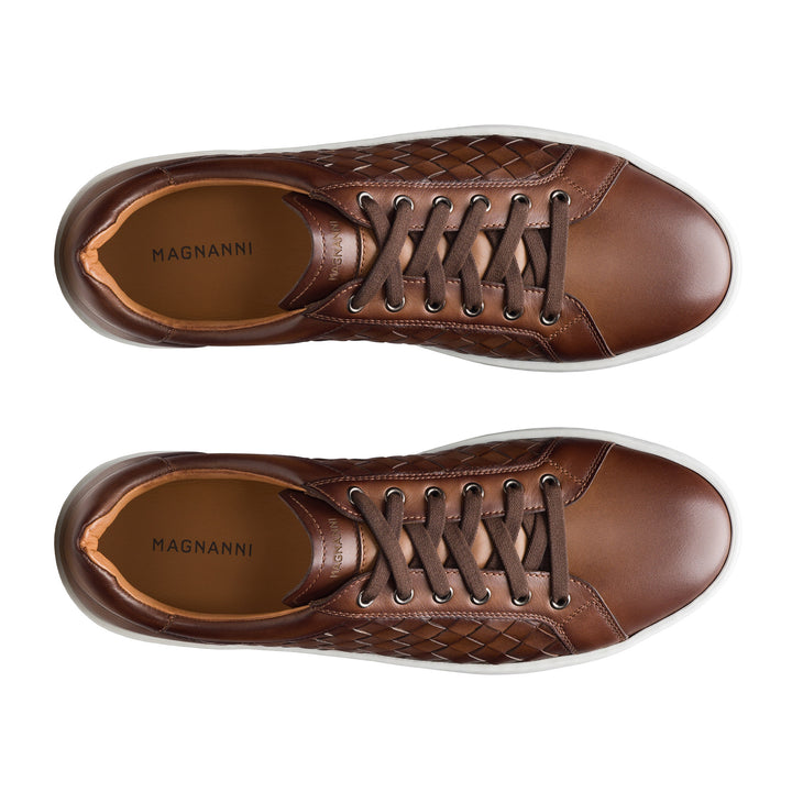 Tobacco Cote Lo Woven Leather Stretch-Lace Sneakers - Magnanni - Boutique Jacques International