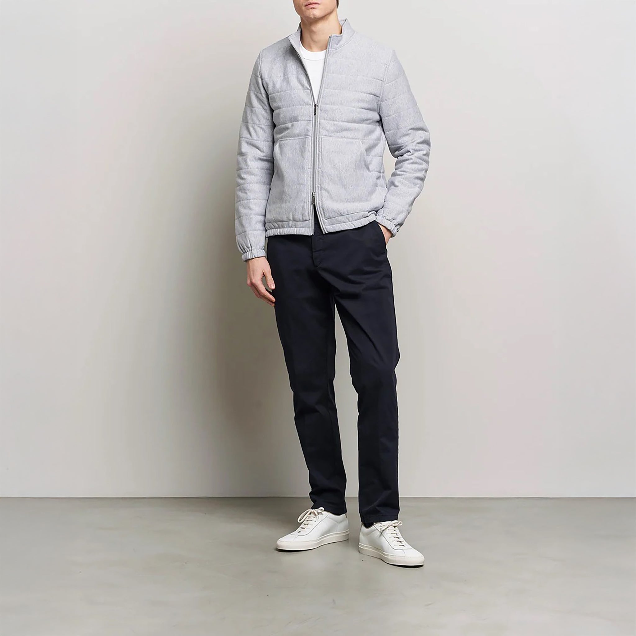 Light Grey Quilted Flannel Cotton Zip Bomber - Stenströms