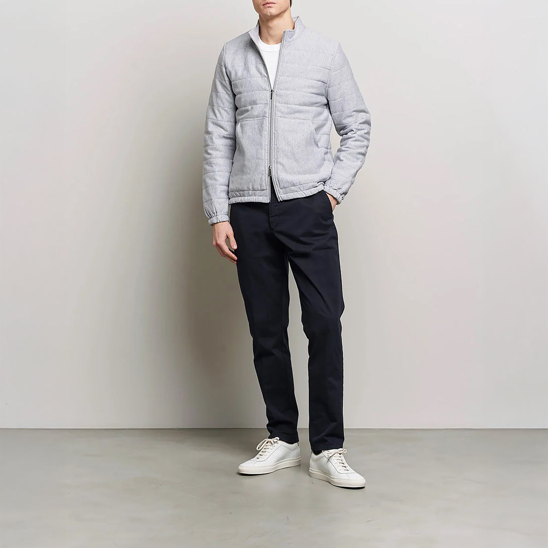Light Grey Quilted Flannel Cotton Zip Bomber - Stenströms