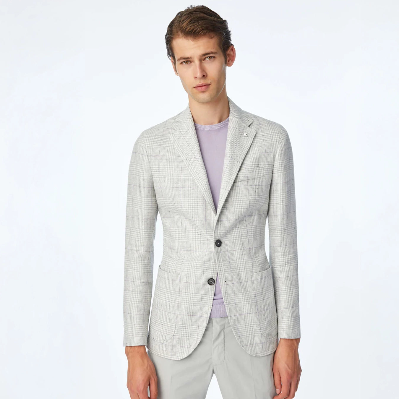 Light Gray Prince of Wales Linen-Cotton Contemporary Fit Sport Jacket - L.B.M 1911