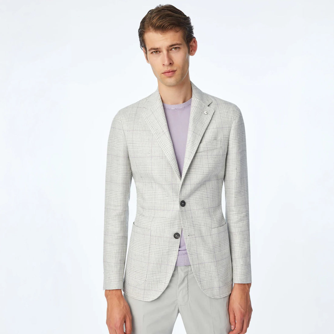 Light Gray Prince of Wales Linen-Cotton Contemporary Fit Sport Jacket - L.B.M 1911