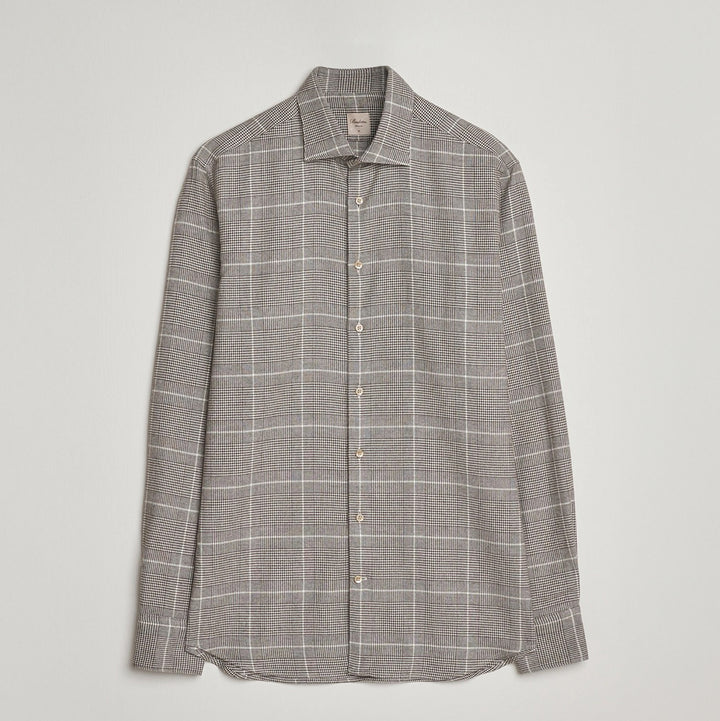 Brown Prince-of-Wales Cotton Flannel Slimline Shirt - Stenströms