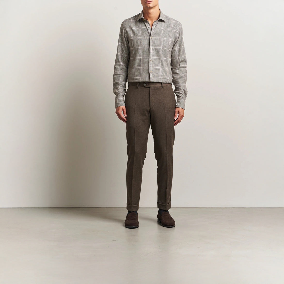 Brown Prince-of-Wales Cotton Flannel Slimline Shirt - Stenströms
