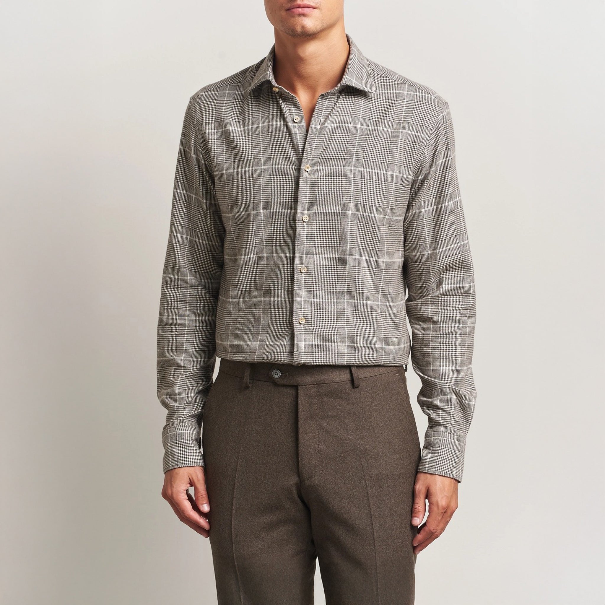 Brown Prince-of-Wales Cotton Flannel Slimline Shirt - Stenströms