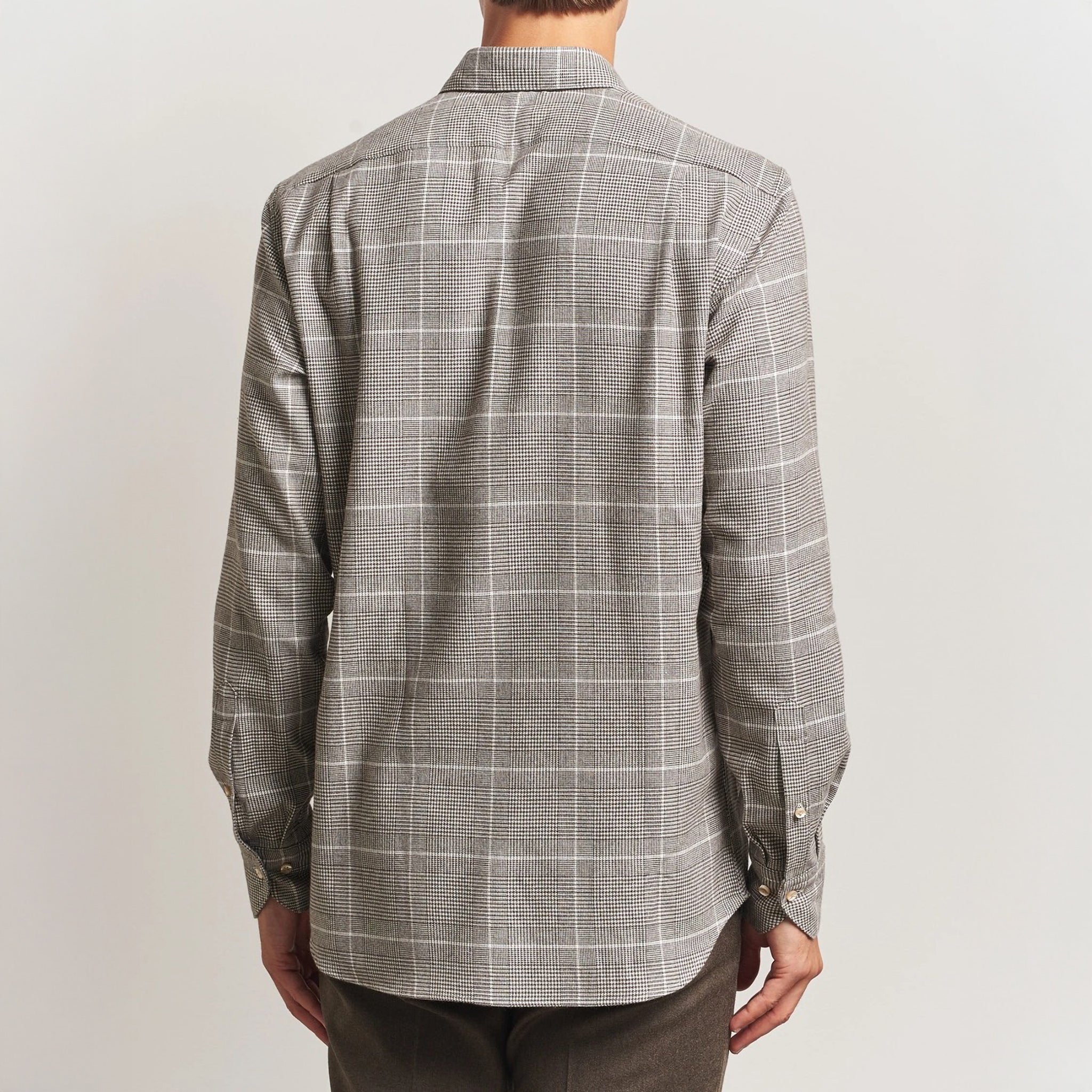 Brown Prince-of-Wales Cotton Flannel Slimline Shirt - Stenströms