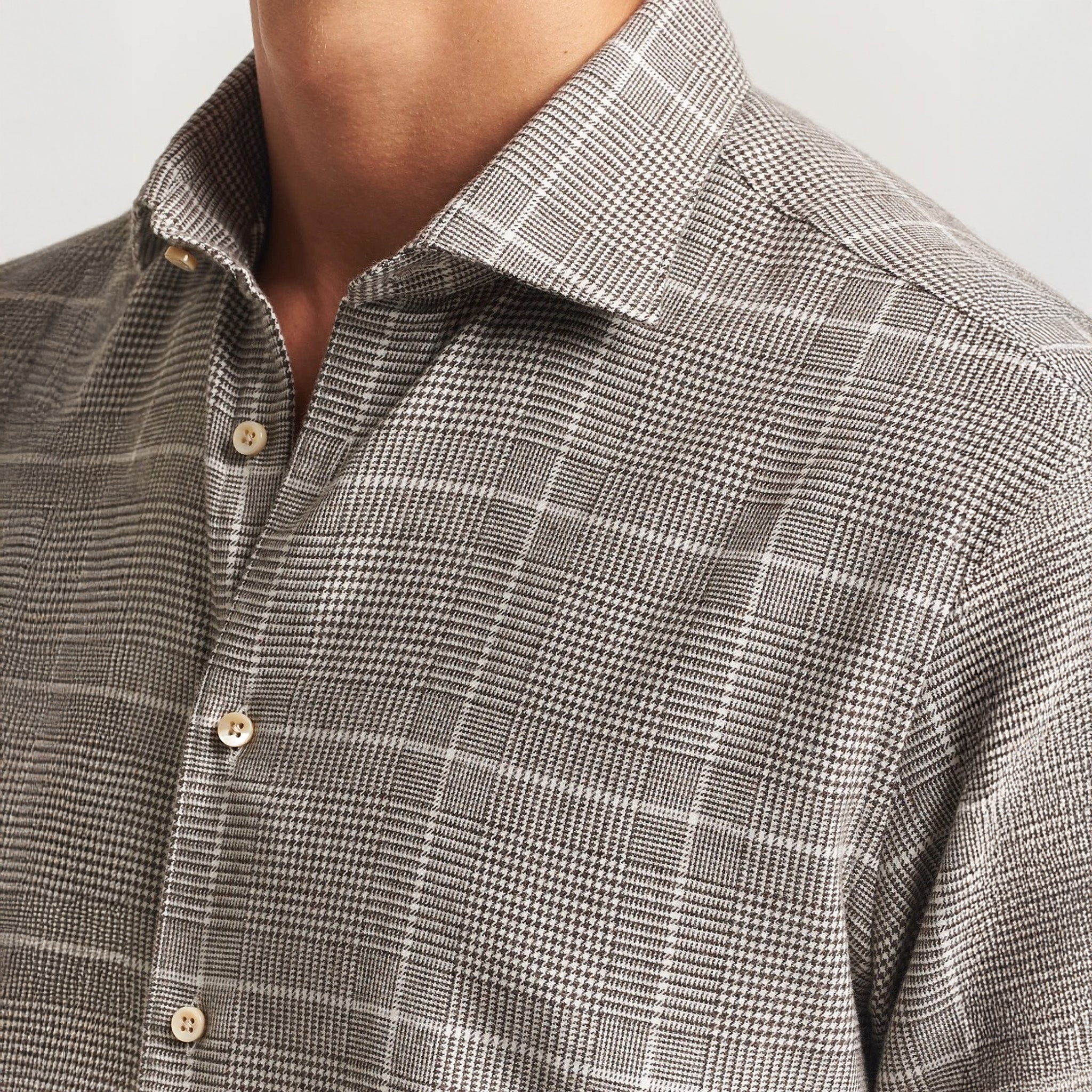 Brown Prince-of-Wales Cotton Flannel Slimline Shirt - Stenströms