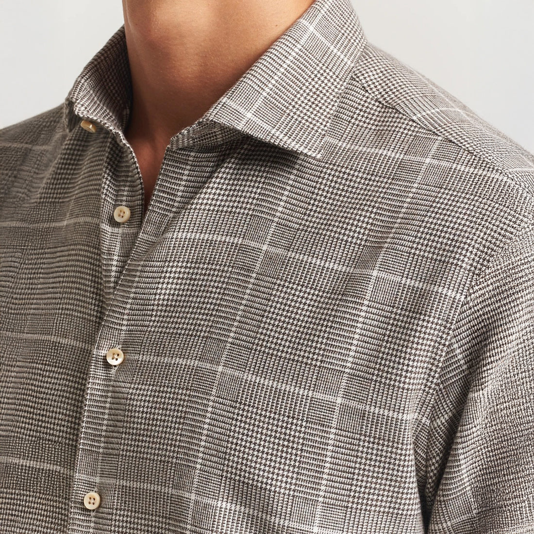Brown Prince-of-Wales Cotton Flannel Slimline Shirt - Stenströms