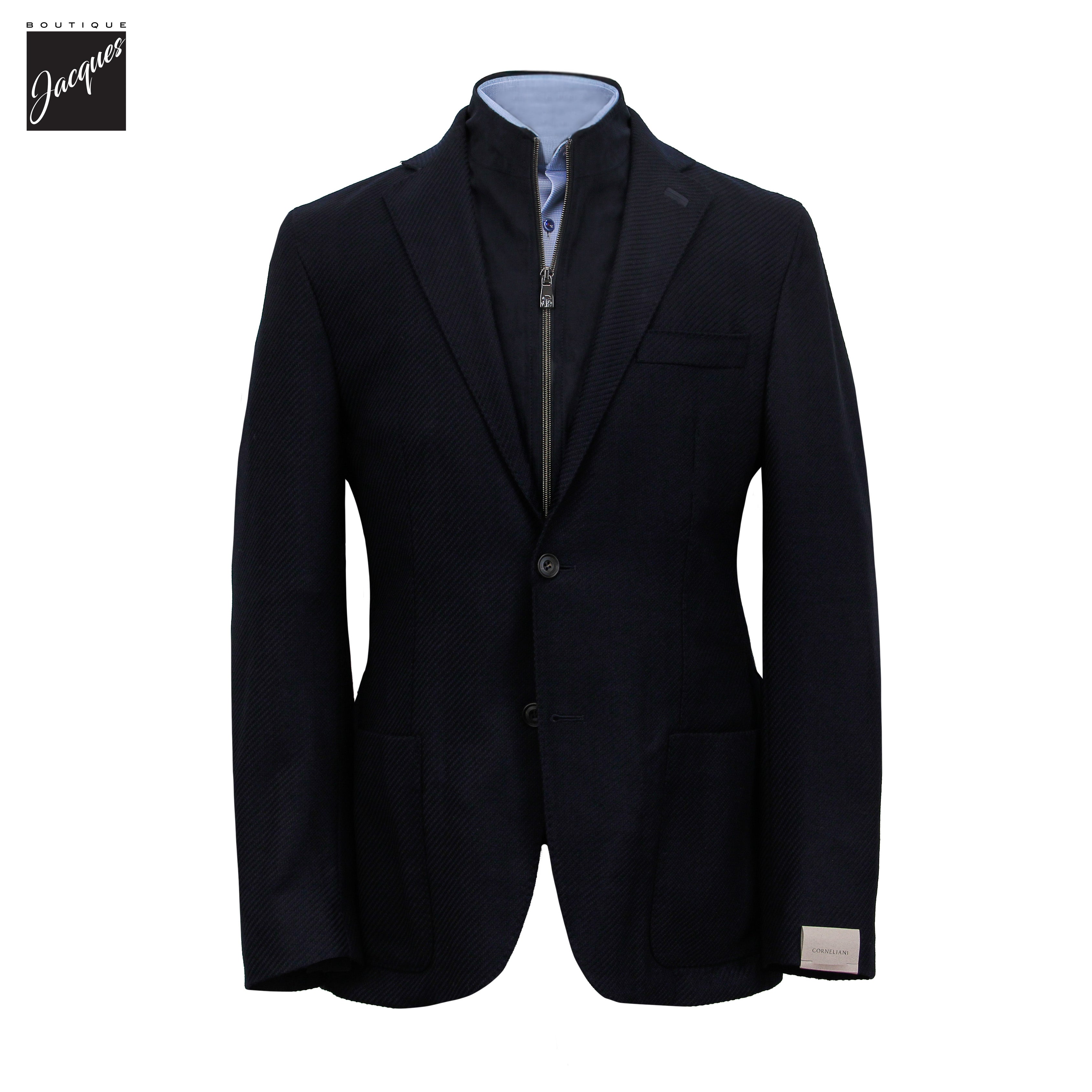 Veste sport hybride marine en laine extensible à twill diagonal avec plastron - Corneliani