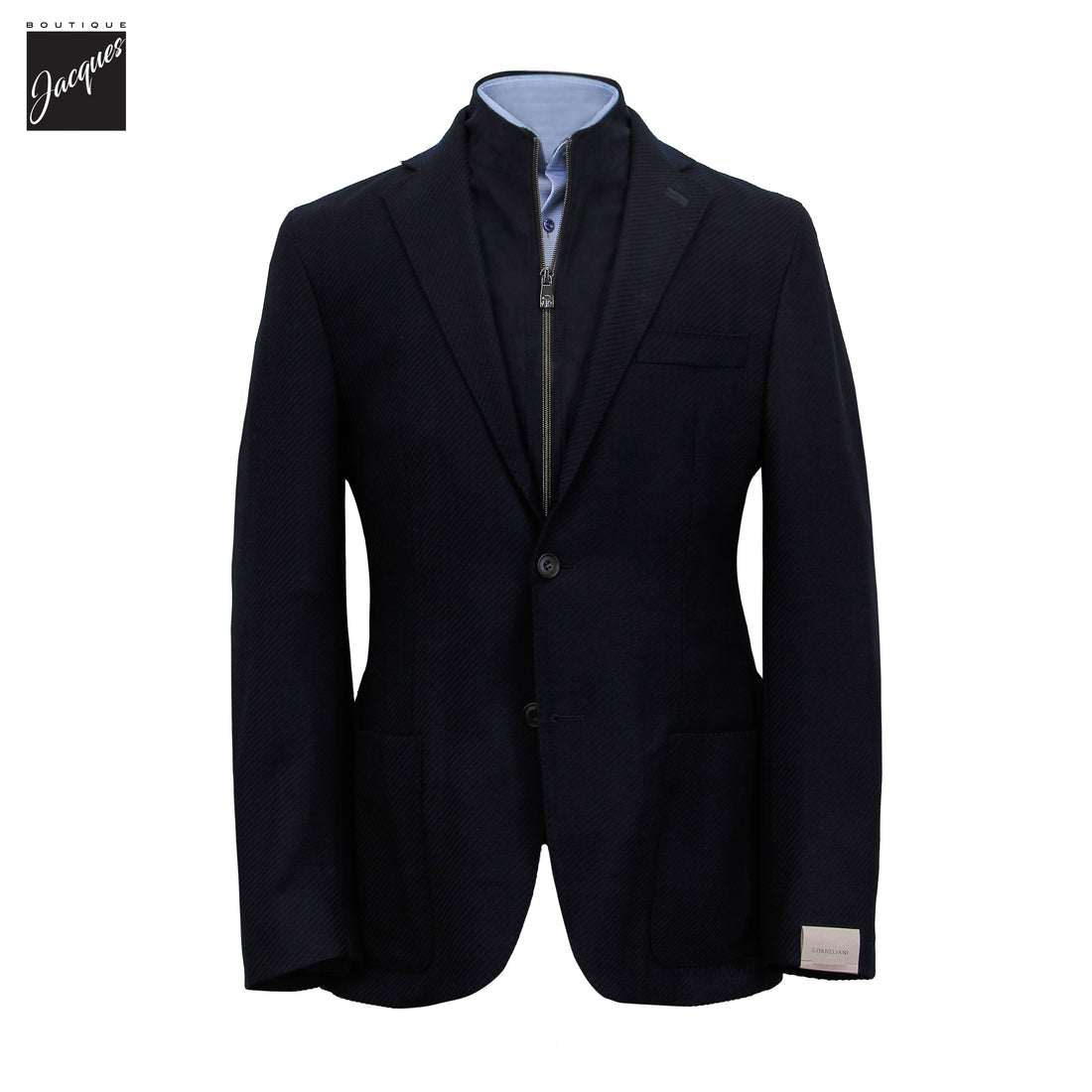 Veste sport hybride marine en laine extensible à twill diagonal avec plastron - Corneliani