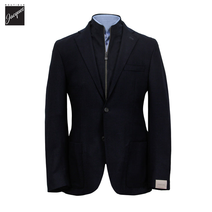 Navy Diagonal Twill Wool-Stretch Hybrid Sport Jacket with Bib - Corneliani