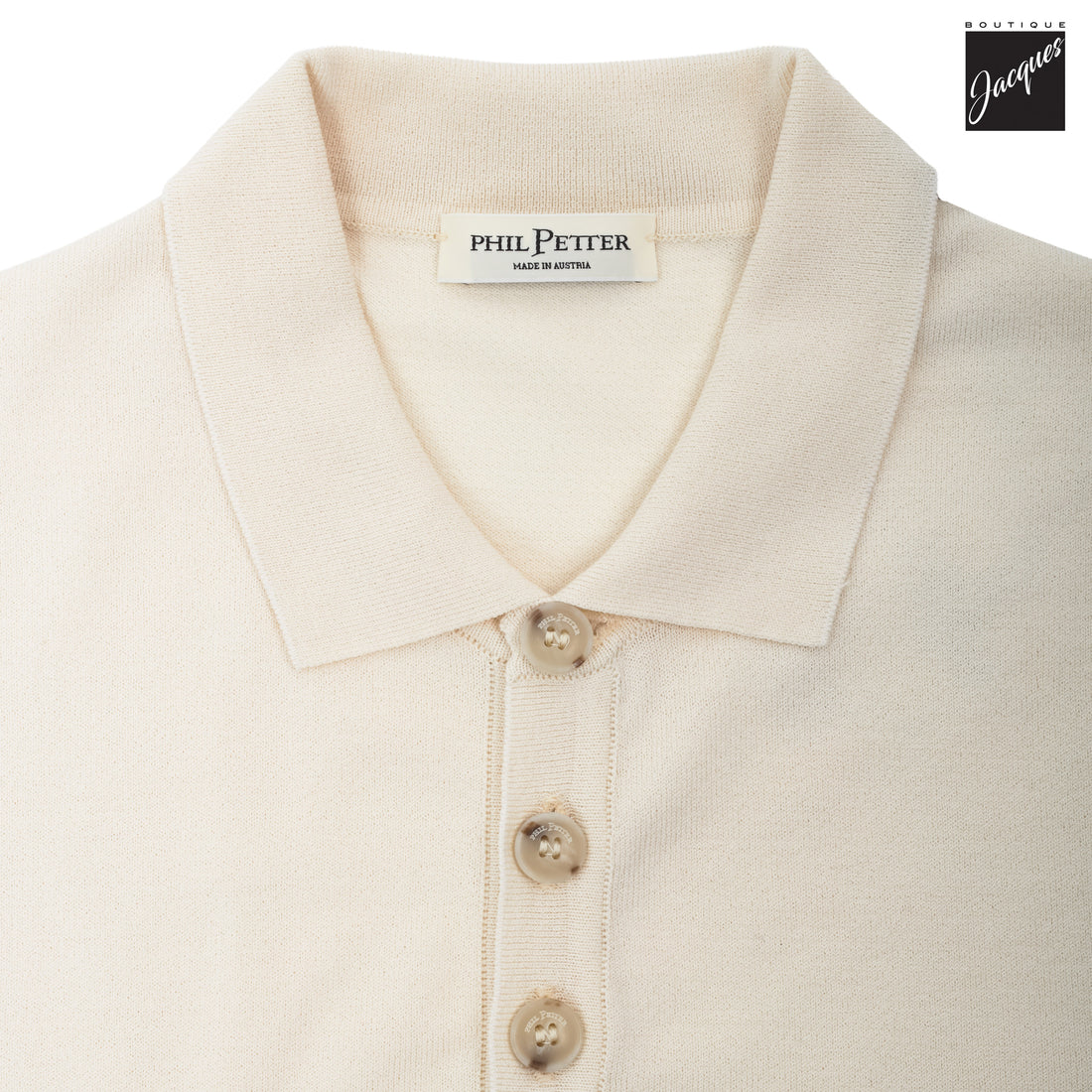 Cream Viscose-Stretch Knit Polo with Striped Contrast Details - Phil Petter - Boutique Jacques International