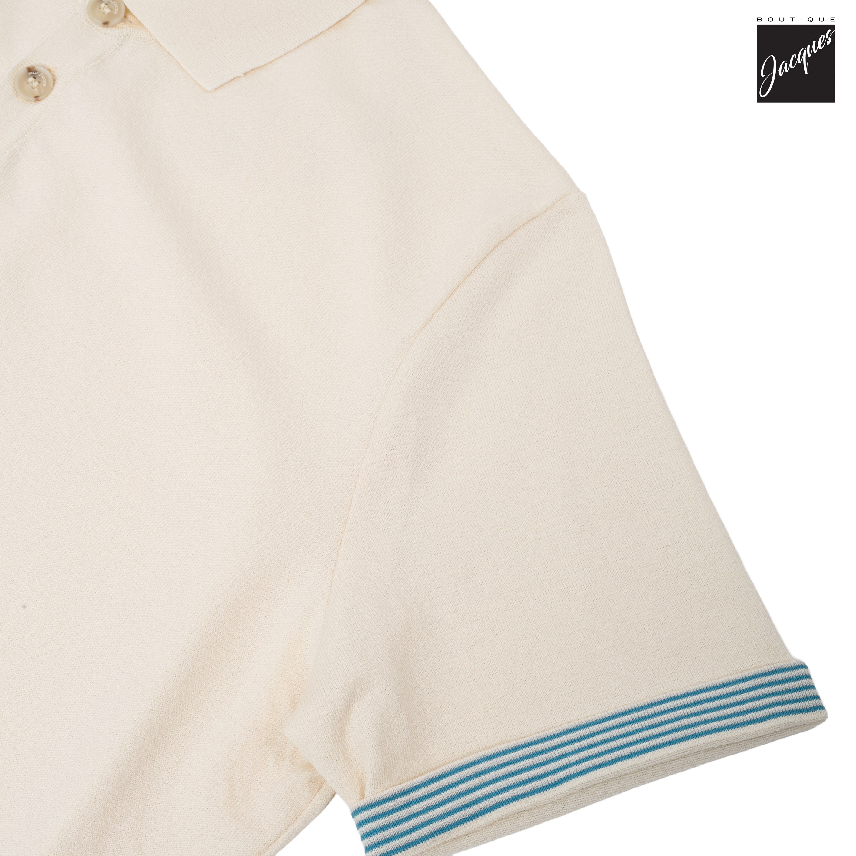 Cream Viscose-Stretch Knit Polo with Striped Contrast Details - Phil Petter - Boutique Jacques International