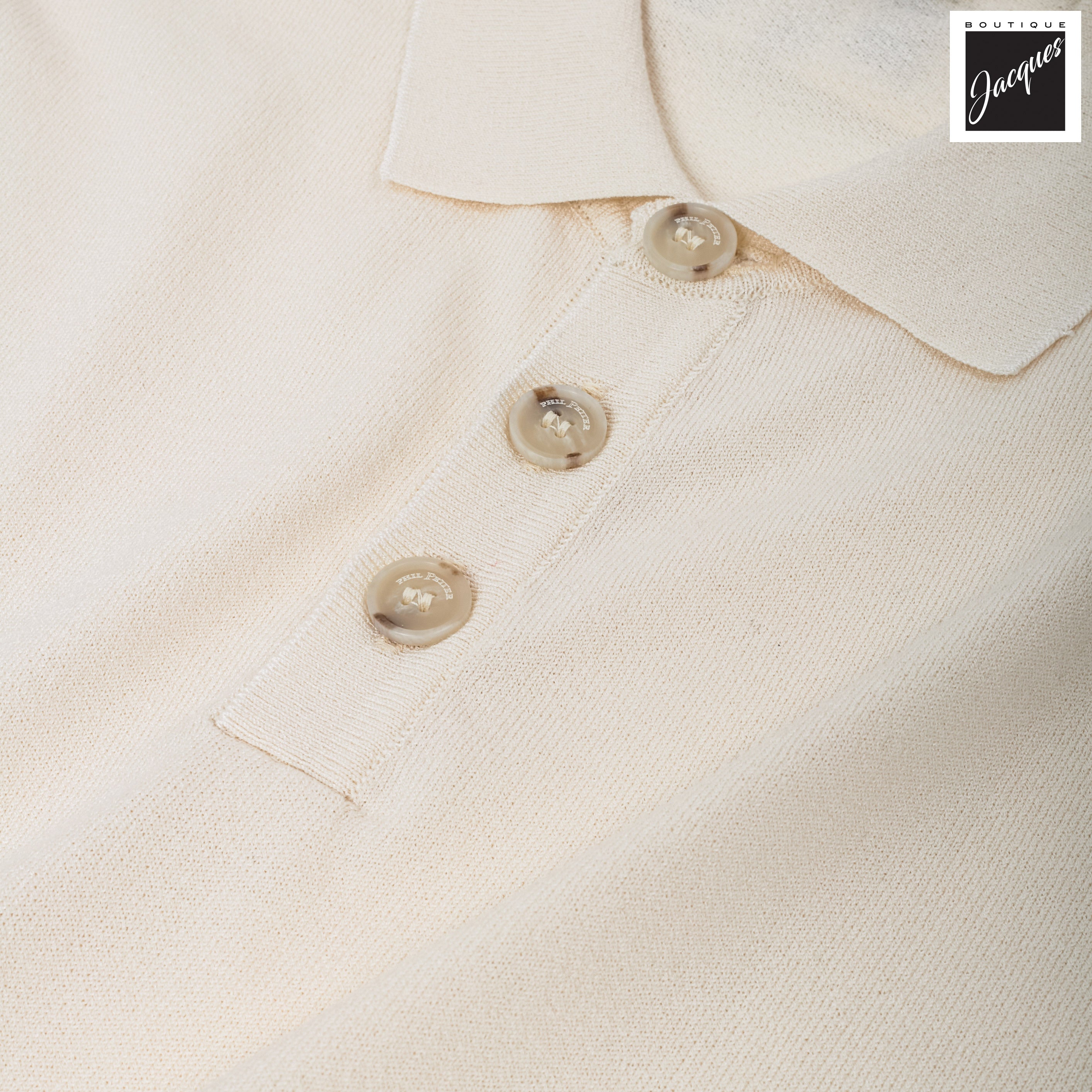 Cream Viscose-Stretch Knit Polo with Striped Contrast Details - Phil Petter - Boutique Jacques International