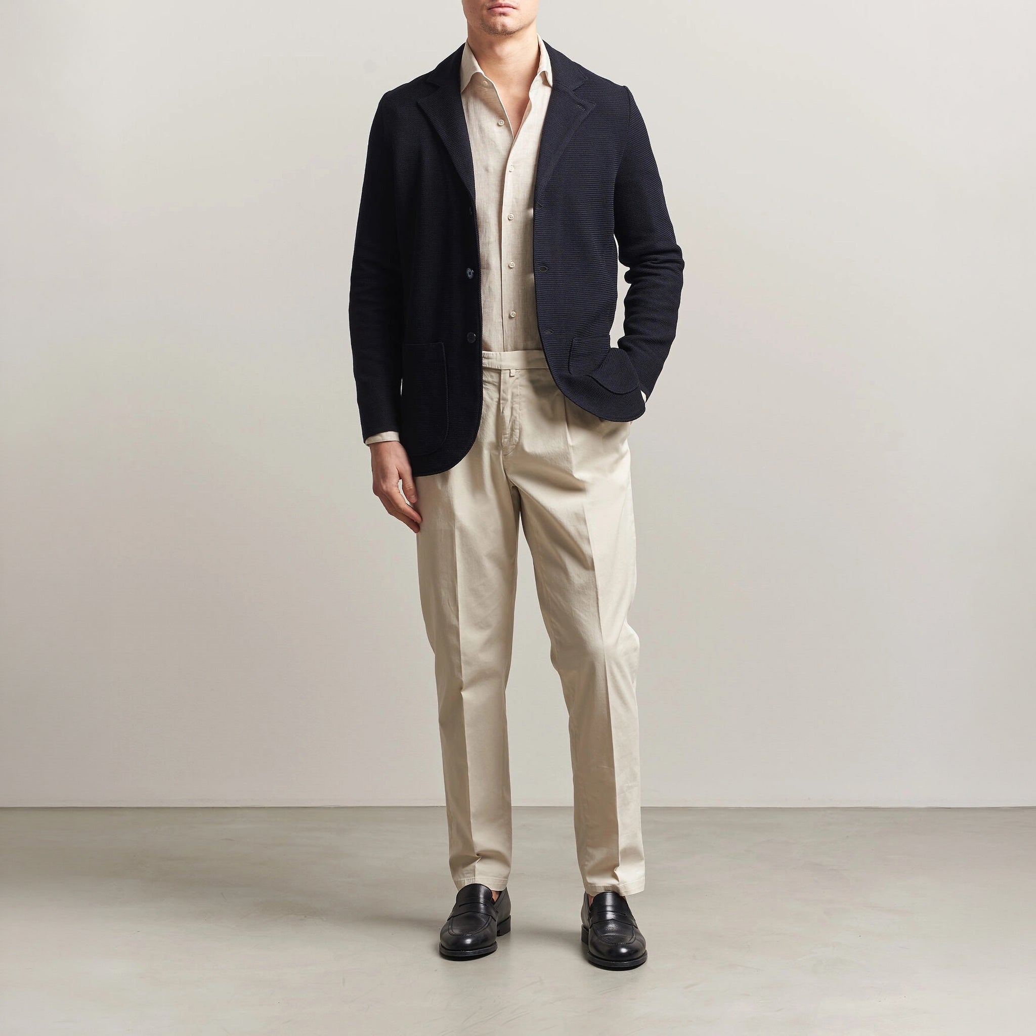 Navy Blue Merino Wool Knitted Textured Blazer Cardigan - Stenströms - Boutique Jacques International