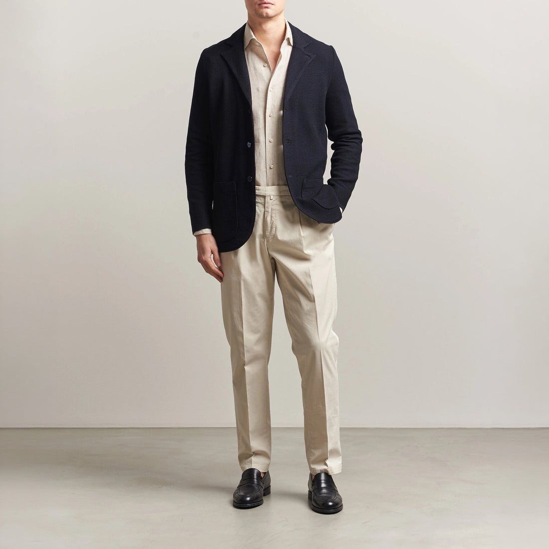Navy Blue Merino Wool Knitted Textured Blazer Cardigan - Stenströms - Boutique Jacques International