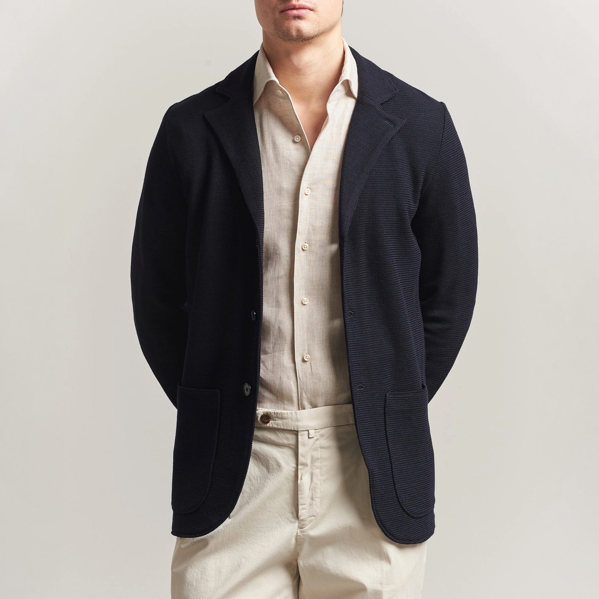 Navy Blue Merino Wool Knitted Textured Blazer Cardigan - Stenströms - Boutique Jacques International