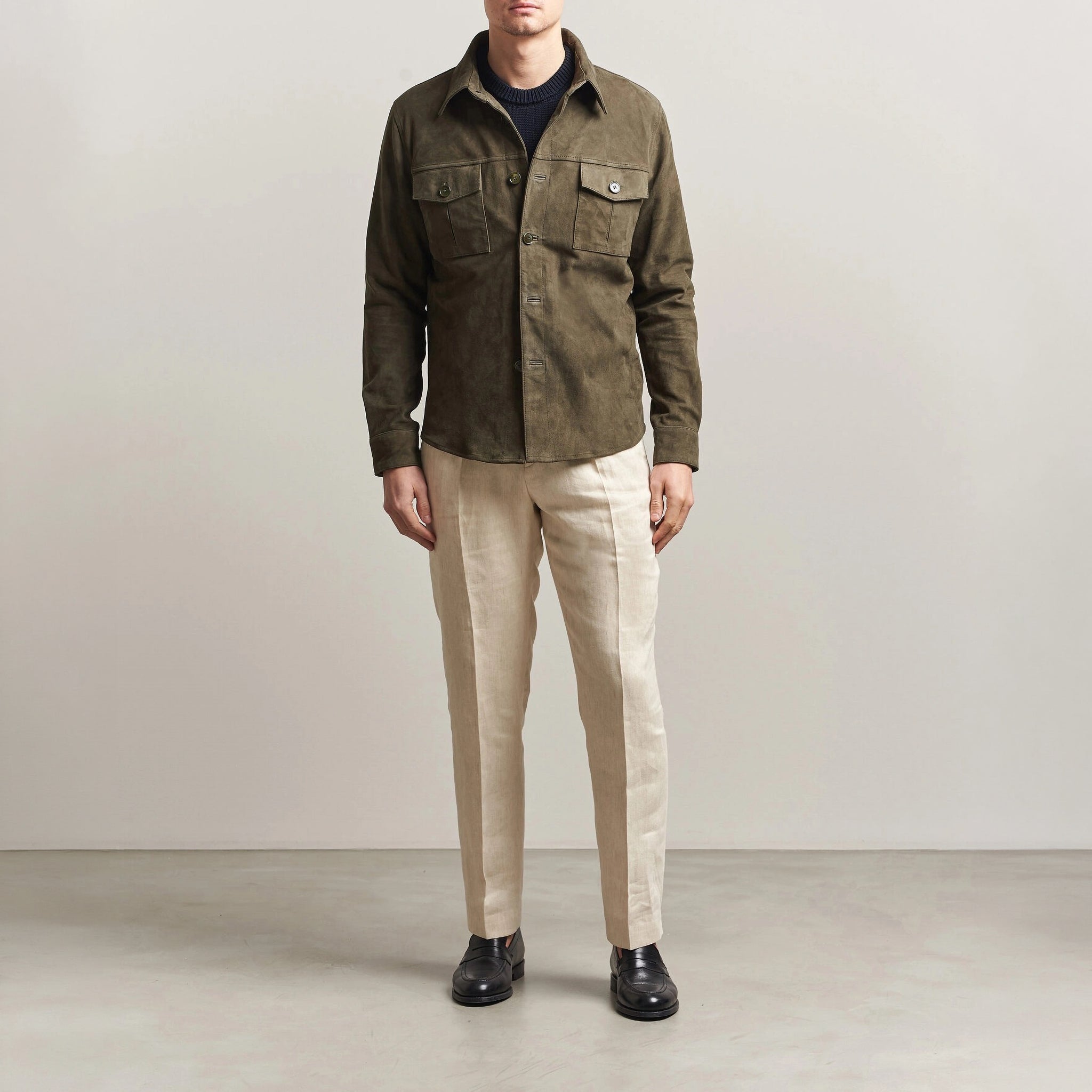 Olive Goat Suede Tailored Overshirt - Stenströms - Boutique Jacques International