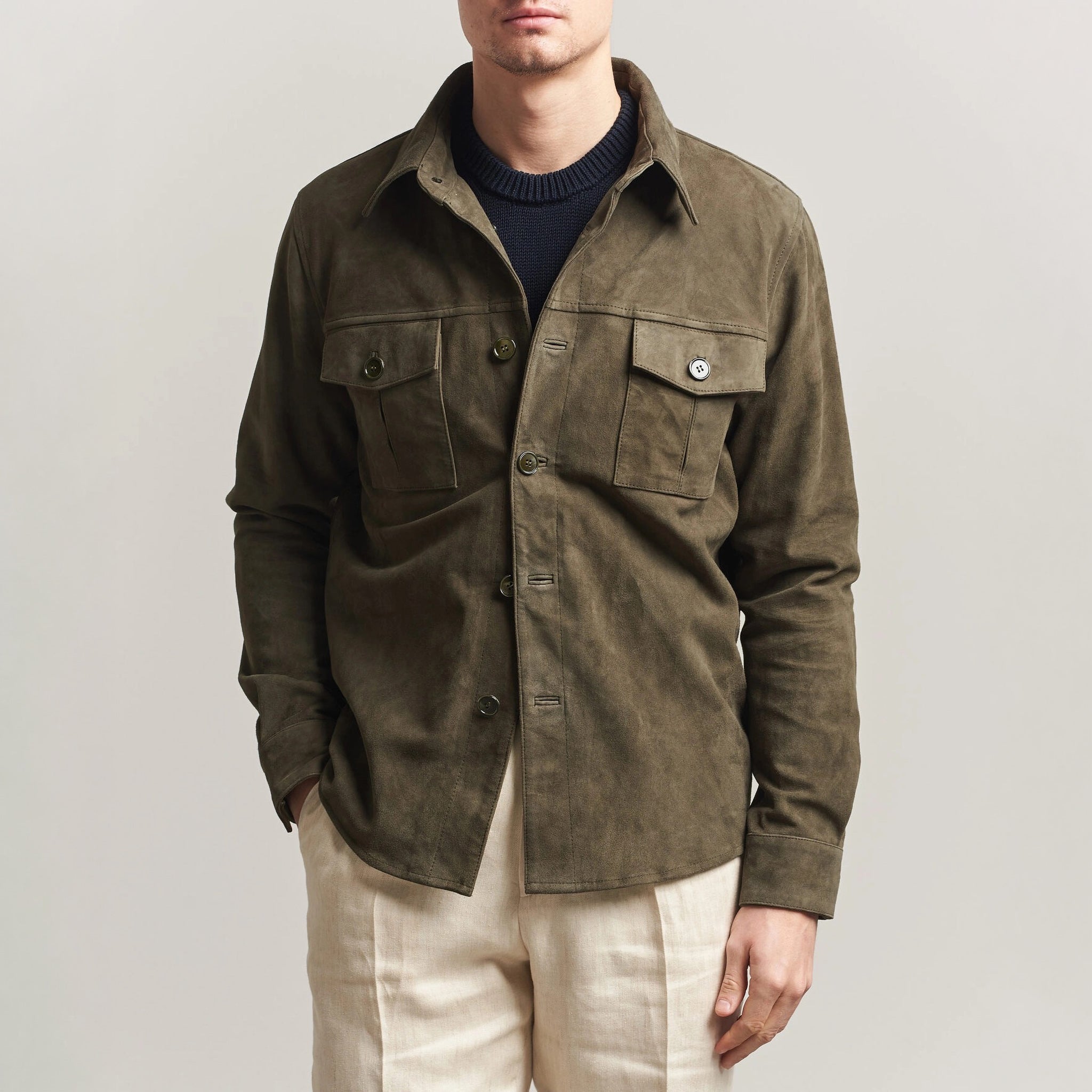 Olive Goat Suede Tailored Overshirt - Stenströms - Boutique Jacques International