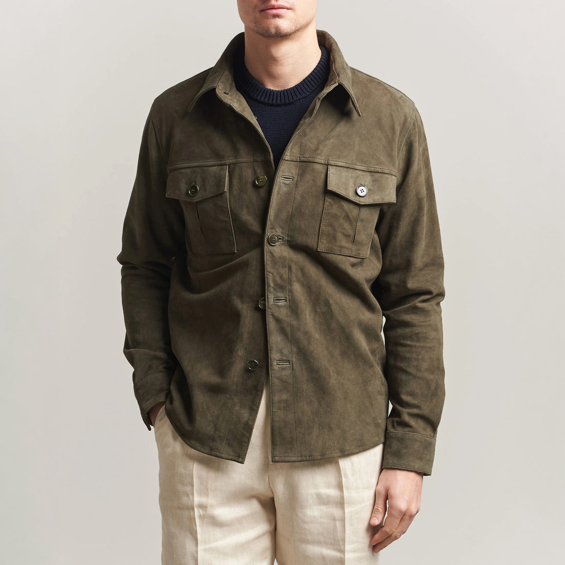 Olive Goat Suede Tailored Overshirt - Stenströms - Boutique Jacques International