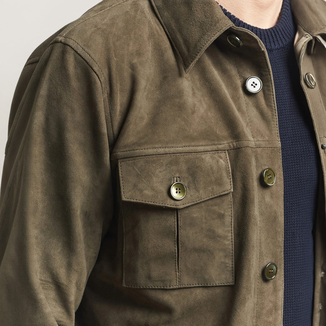 Olive Goat Suede Tailored Overshirt - Stenströms - Boutique Jacques International