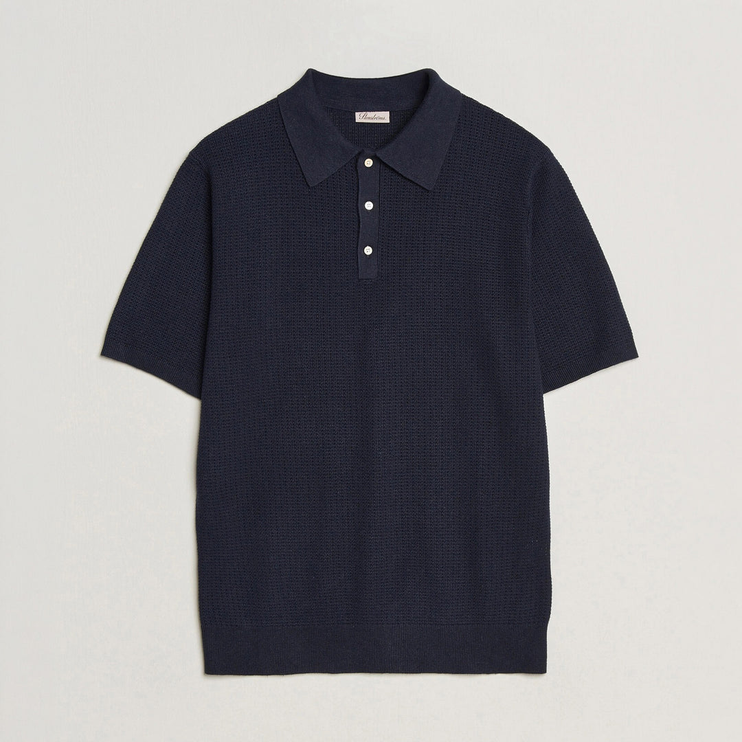 Navy Blue Cotton-Hemp Knitted Crochet Polo Shirt - Stenströms - Boutique Jacques International