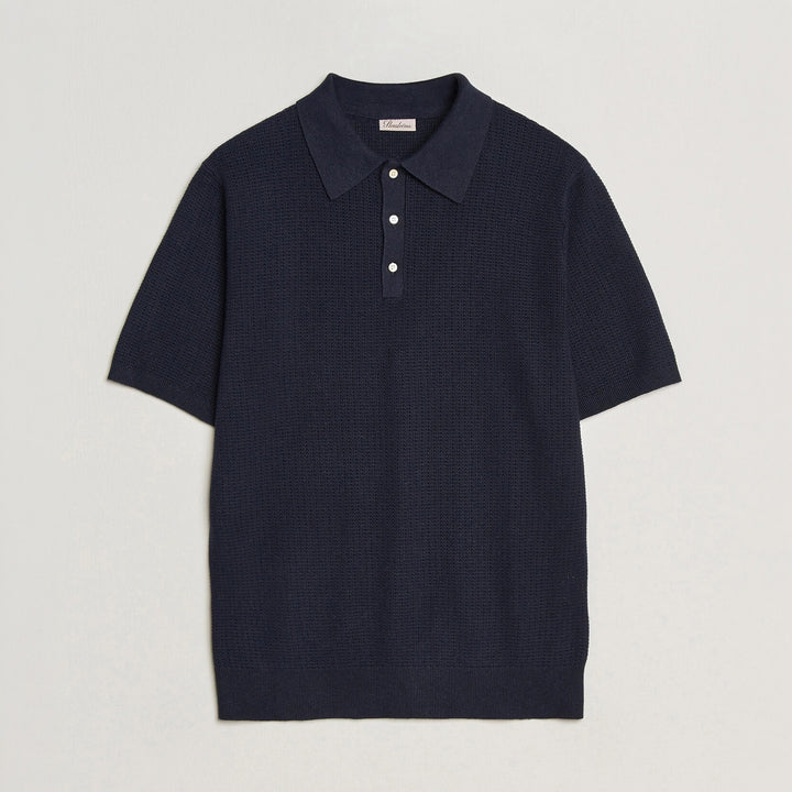 Navy Blue Cotton-Hemp Knitted Crochet Polo Shirt - Stenströms - Boutique Jacques International