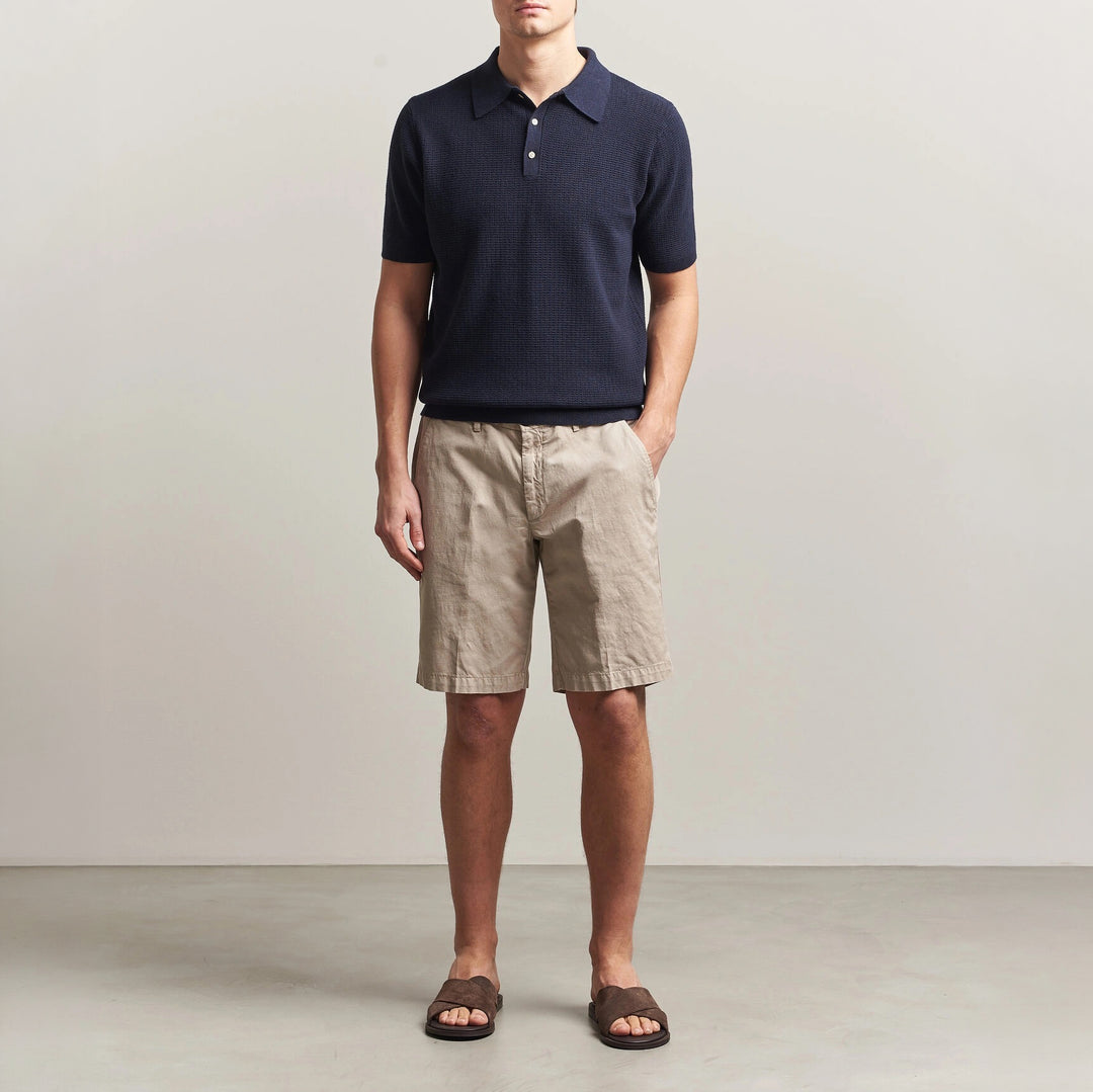 Navy Blue Cotton-Hemp Knitted Crochet Polo Shirt - Stenströms - Boutique Jacques International