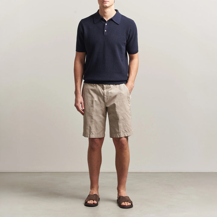 Navy Blue Cotton-Hemp Knitted Crochet Polo Shirt - Stenströms - Boutique Jacques International