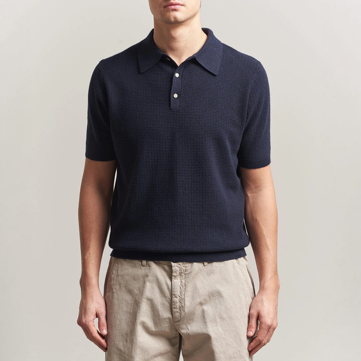 Navy Blue Cotton-Hemp Knitted Crochet Polo Shirt - Stenströms - Boutique Jacques International