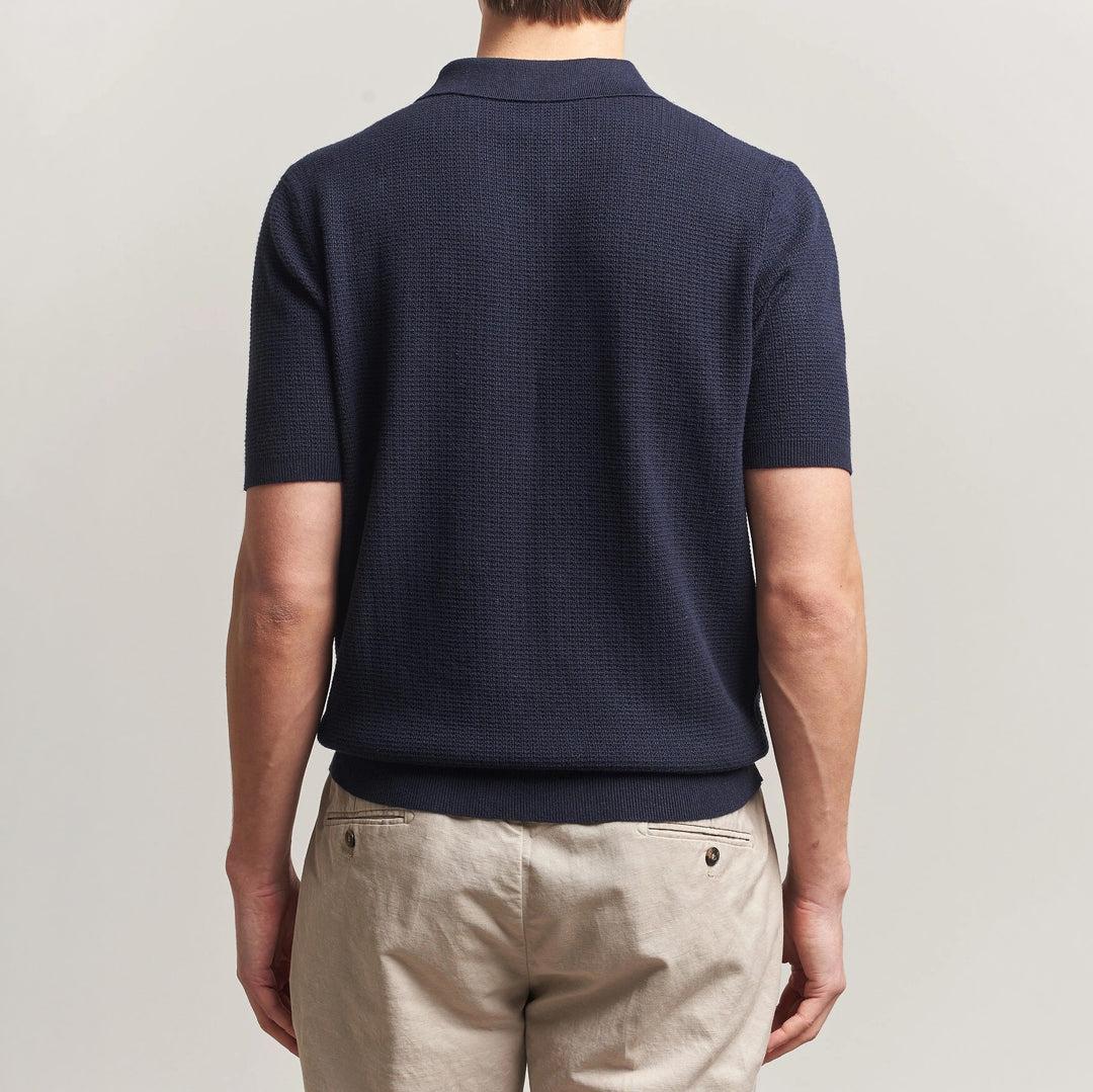 Navy Blue Cotton-Hemp Knitted Crochet Polo Shirt - Stenströms - Boutique Jacques International