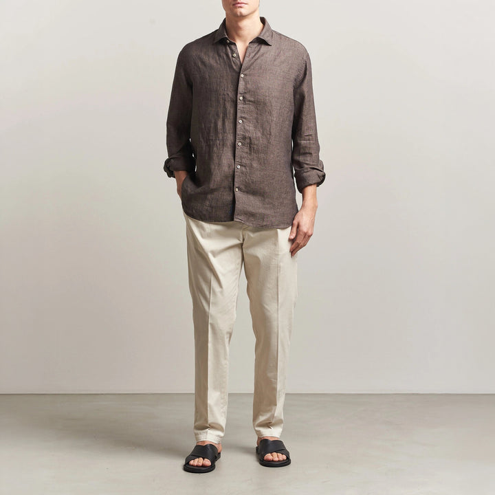 Dark Brown Linen Slimline Casual Shirt - Stenströms - Boutique Jacques International