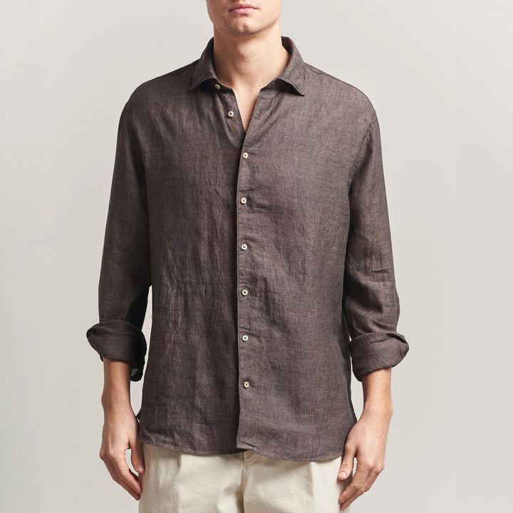 Dark Brown Linen Slimline Casual Shirt - Stenströms - Boutique Jacques International