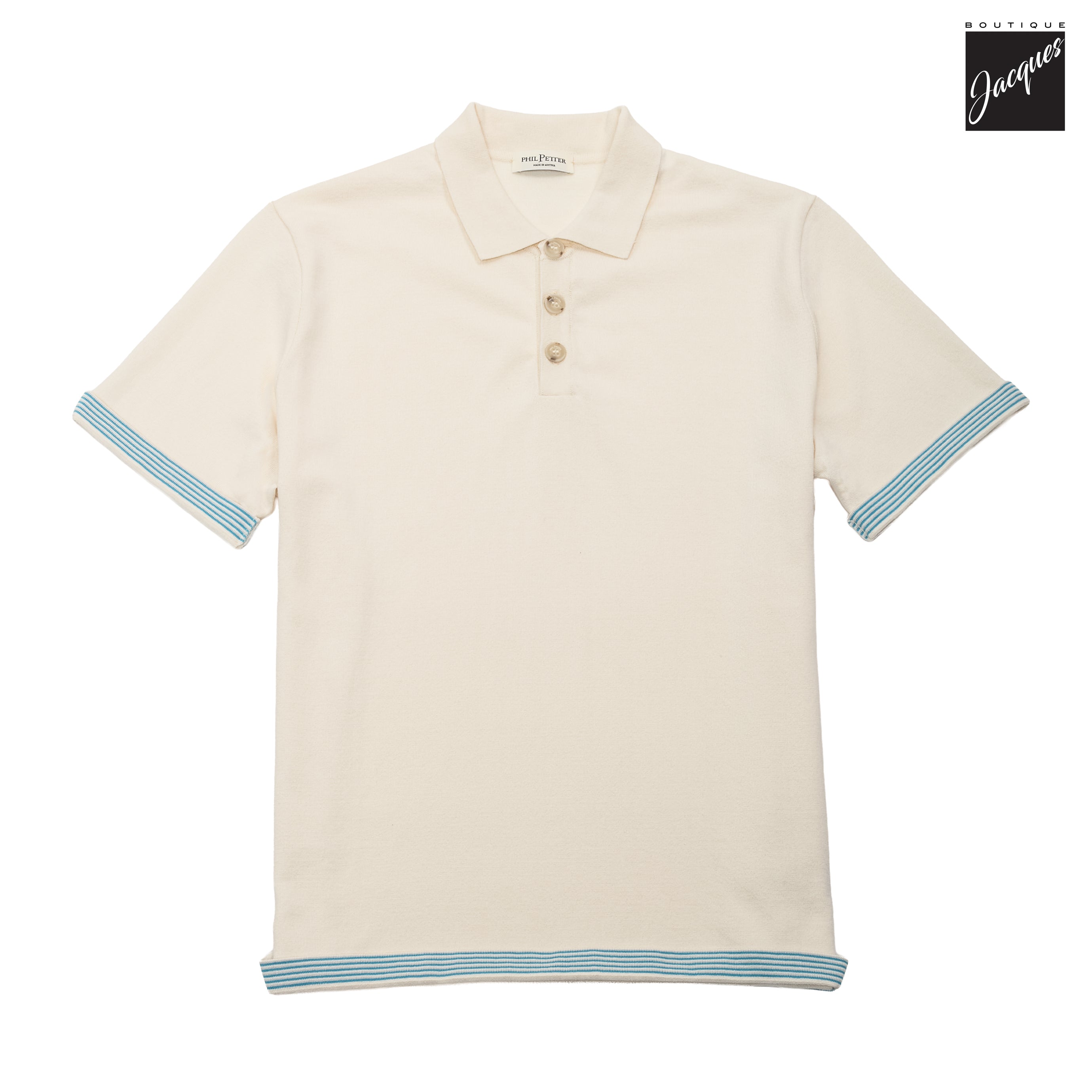 Cream Viscose-Stretch Knit Polo with Striped Contrast Details - Phil Petter - Boutique Jacques International