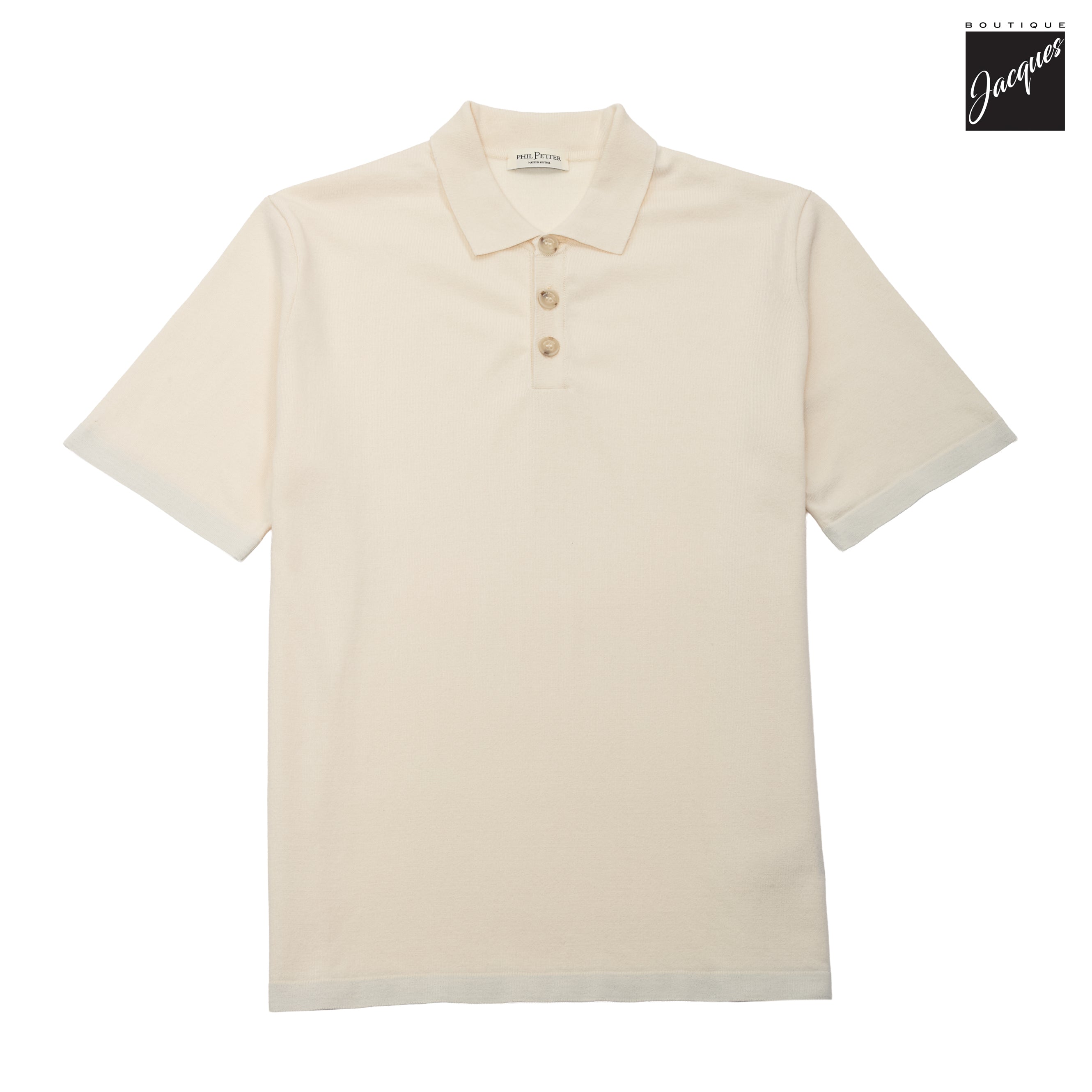Cream Viscose-Stretch Knit Polo with Striped Contrast Details - Phil Petter - Boutique Jacques International