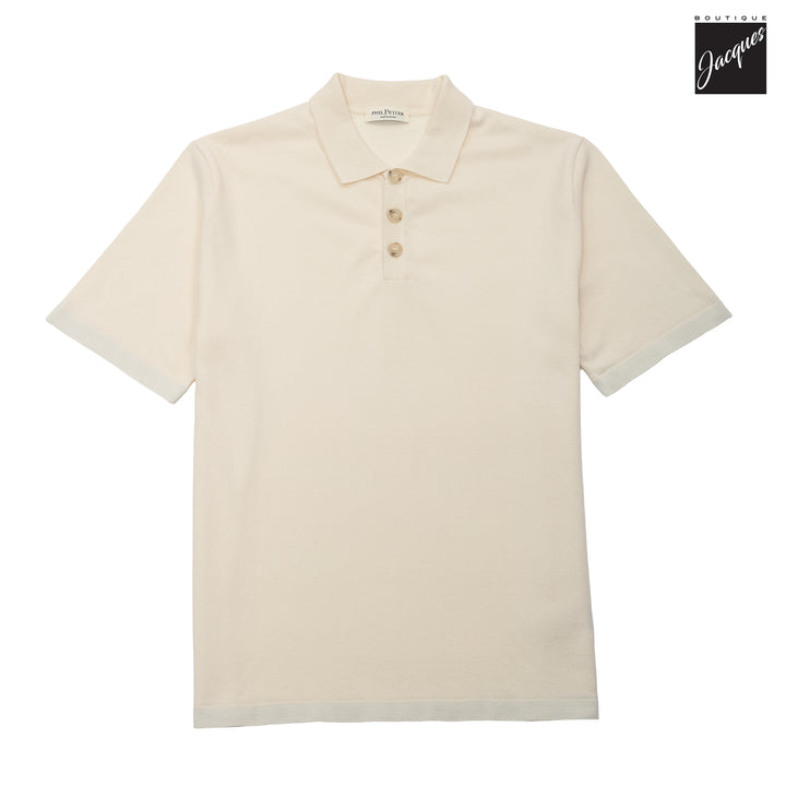 Cream Viscose-Stretch Knit Polo with Striped Contrast Details - Phil Petter - Boutique Jacques International