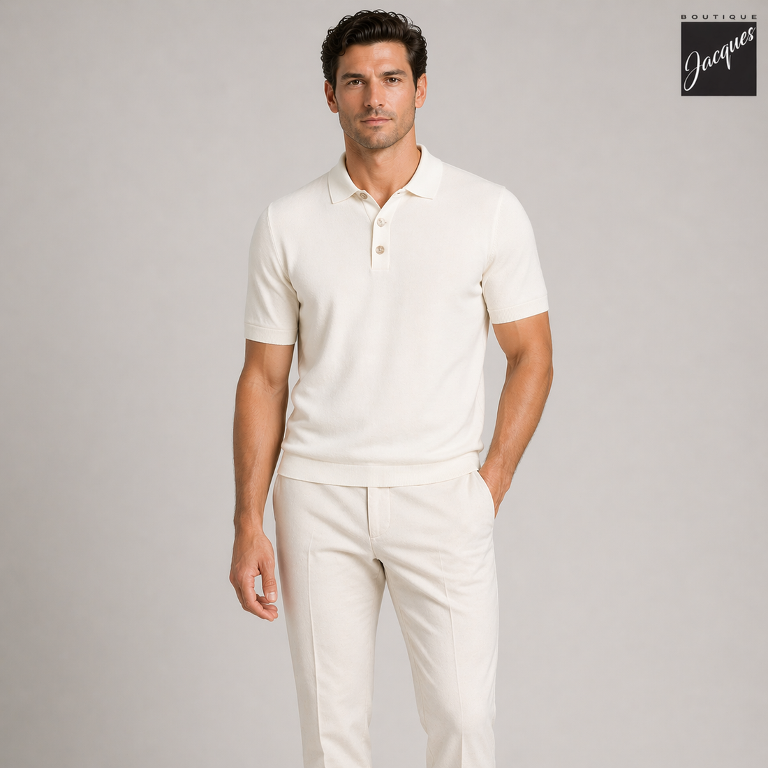 Cream Viscose-Stretch Knit Polo with Striped Contrast Details - Phil Petter - Boutique Jacques International