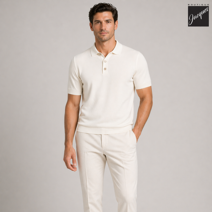 Cream Viscose-Stretch Knit Polo with Striped Contrast Details - Phil Petter - Boutique Jacques International