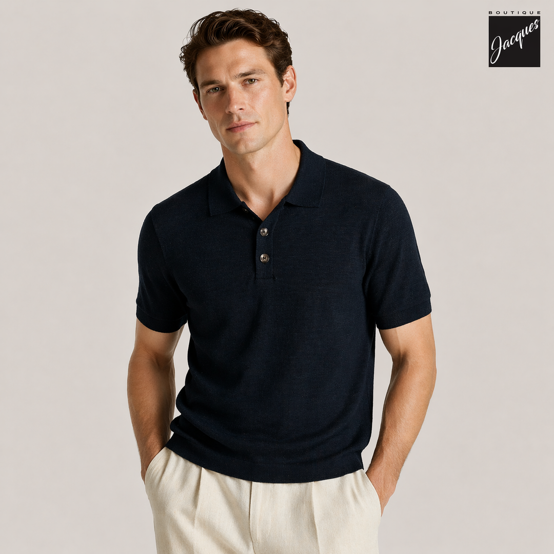 Navy Blue Knit Polo with Striped Contrast Details - Phil Petter - Boutique Jacques International