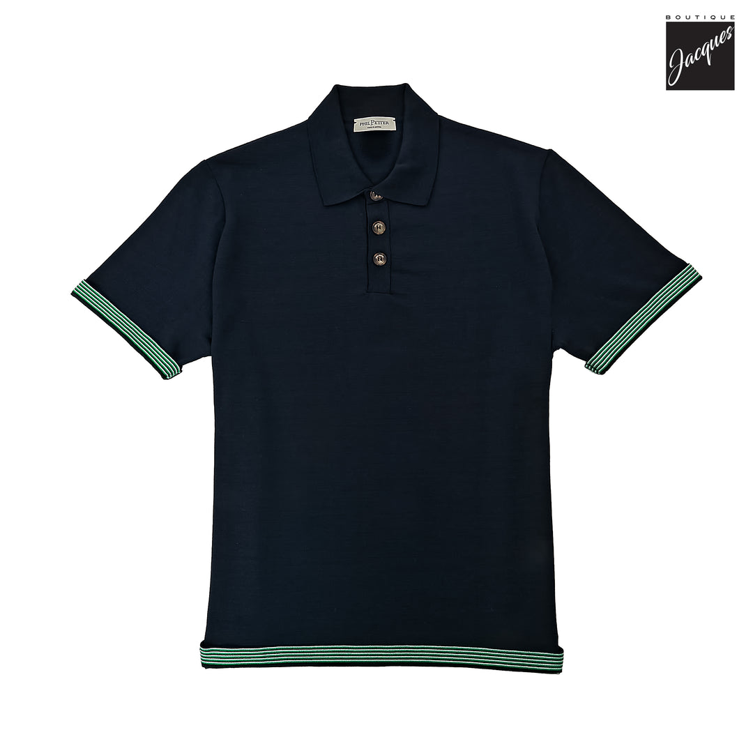 Navy Blue Knit Polo with Striped Contrast Details - Phil Petter - Boutique Jacques International
